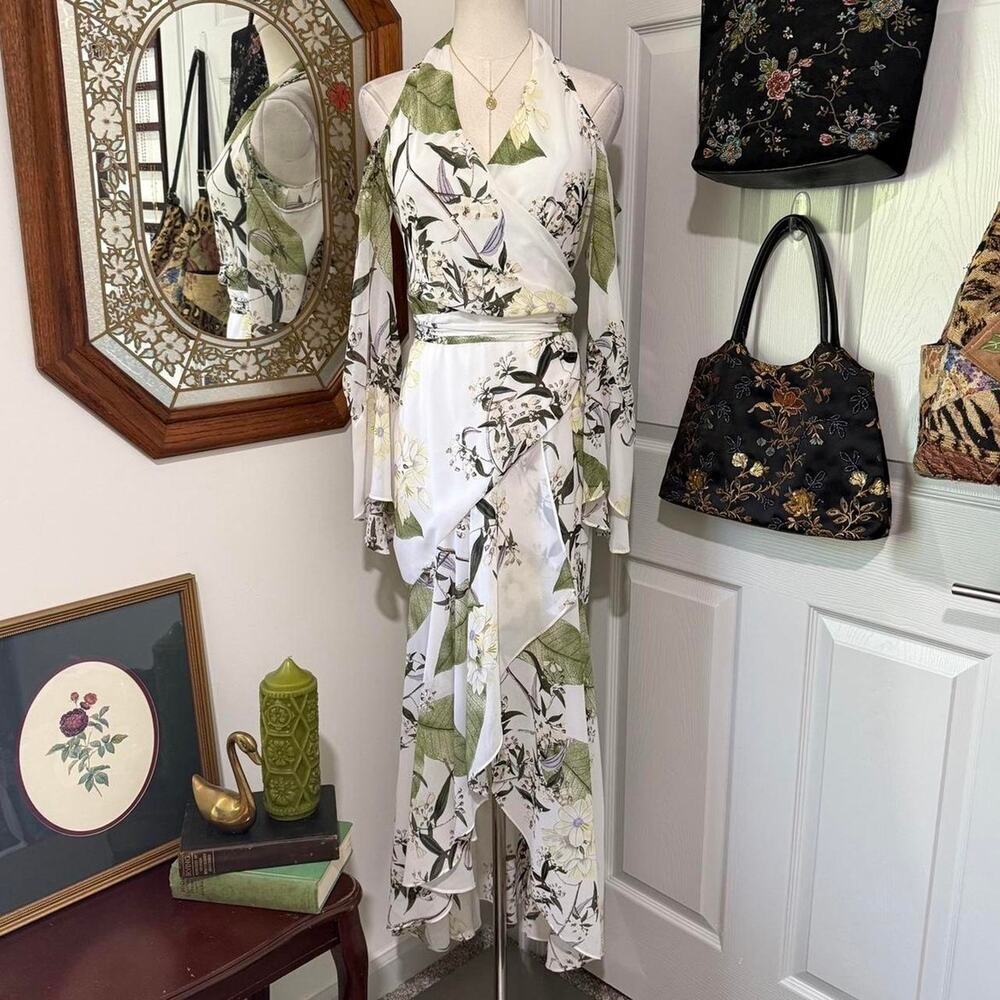 Bebe White, Yellow & Green Floral Botanical Cold Shoulder High Low Halter Dress